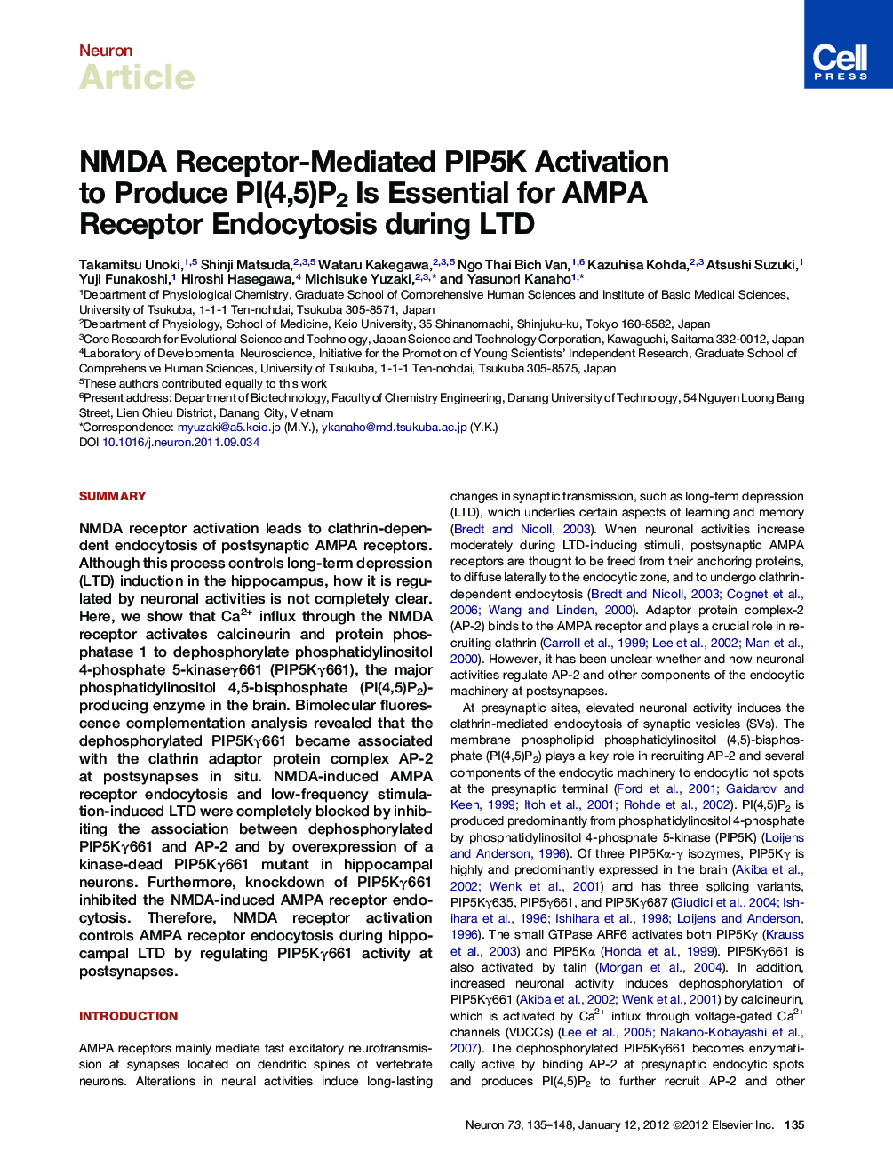 NMDA Receptor-Mediated PIP5K Activation to Produce PI(4,5)P2 Is Essential for AMPA Receptor Endocytosis during LTD
