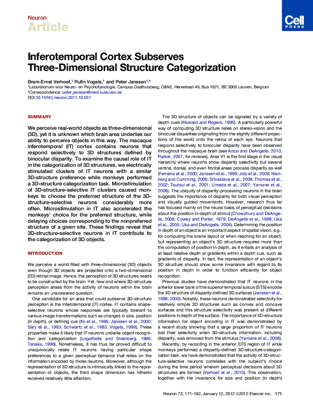 Inferotemporal Cortex Subserves Three-Dimensional Structure Categorization