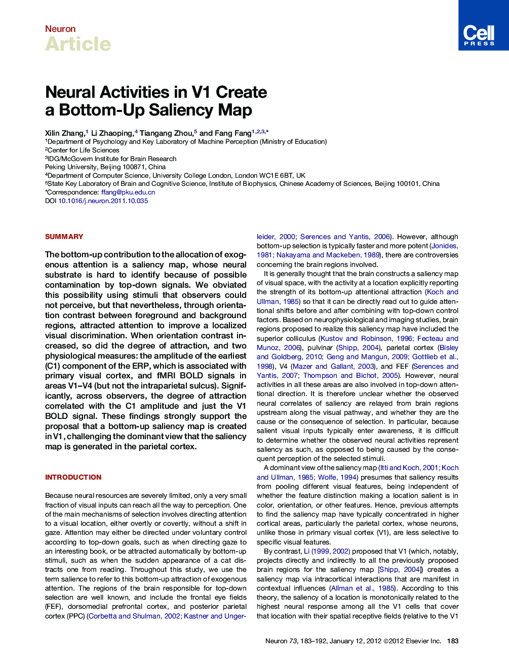 Neural Activities in V1 Create a Bottom-Up Saliency Map