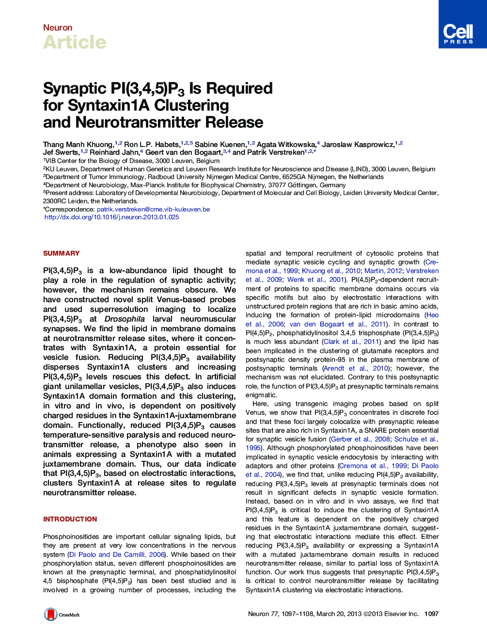 Synaptic PI(3,4,5)P3 Is Required for Syntaxin1A Clustering and Neurotransmitter Release
