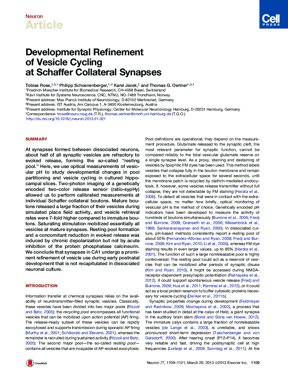 Developmental Refinement of Vesicle Cycling at Schaffer Collateral Synapses