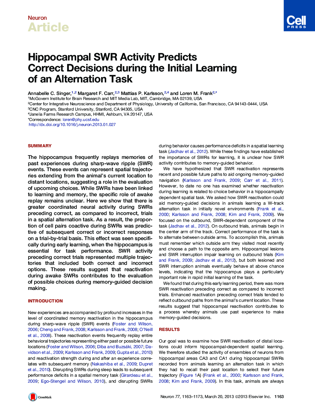 Hippocampal SWR Activity Predicts Correct Decisions during the Initial Learning of an Alternation Task