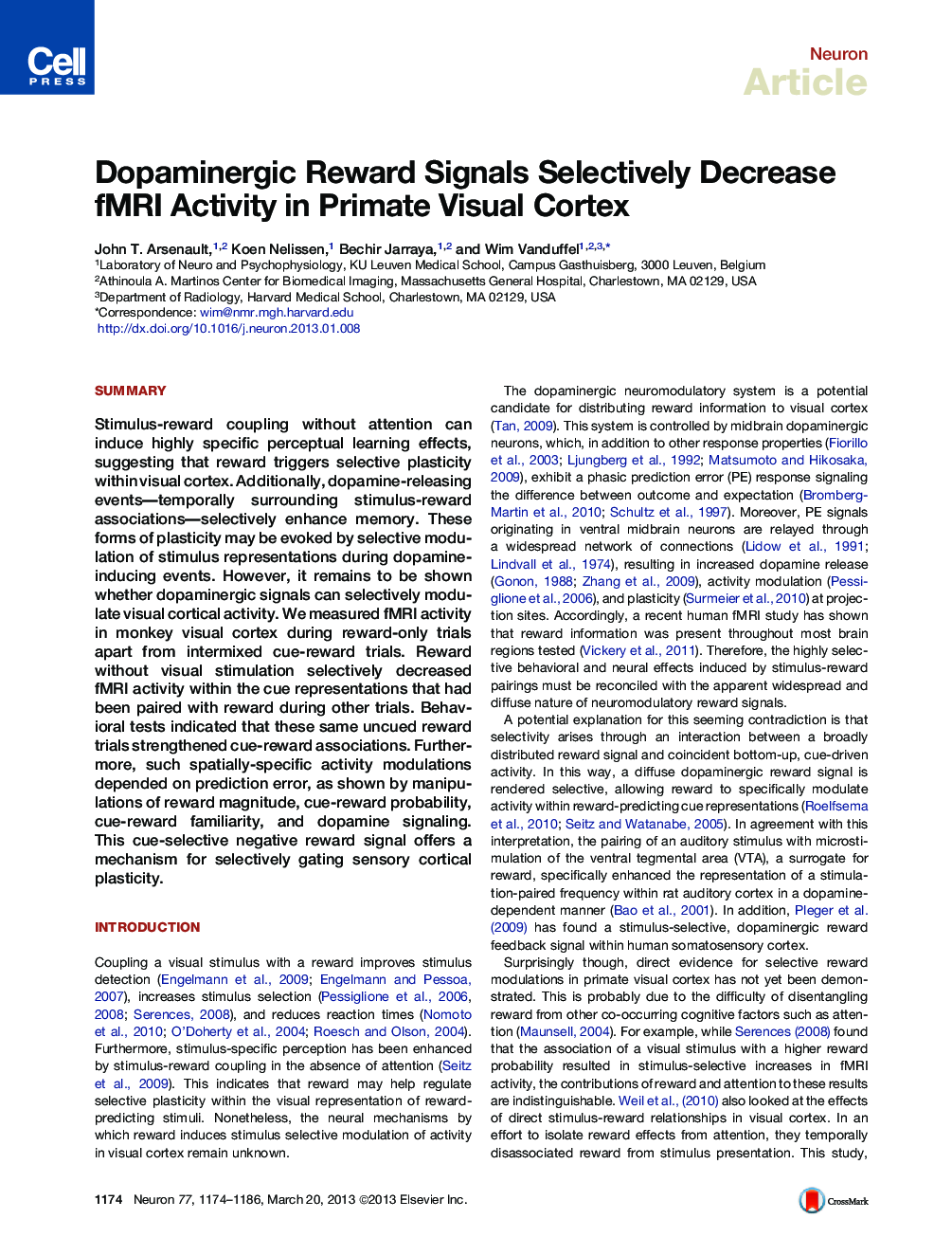 Dopaminergic Reward Signals Selectively Decrease fMRI Activity in Primate Visual Cortex