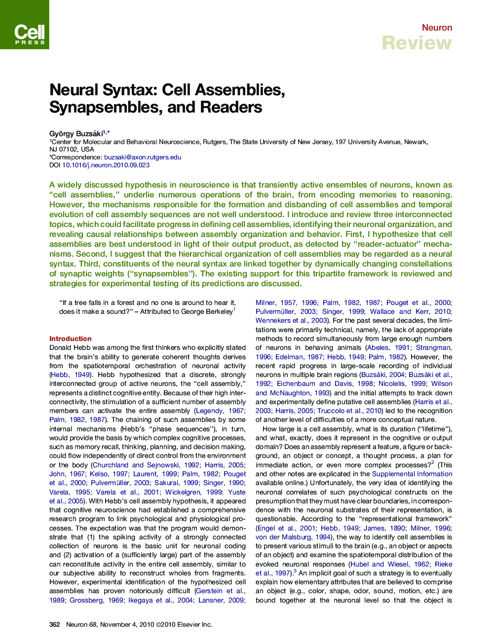 Neural Syntax: Cell Assemblies, Synapsembles, and Readers