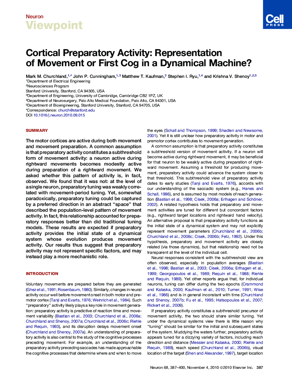 Cortical Preparatory Activity: Representation of Movement or First Cog in a Dynamical Machine?