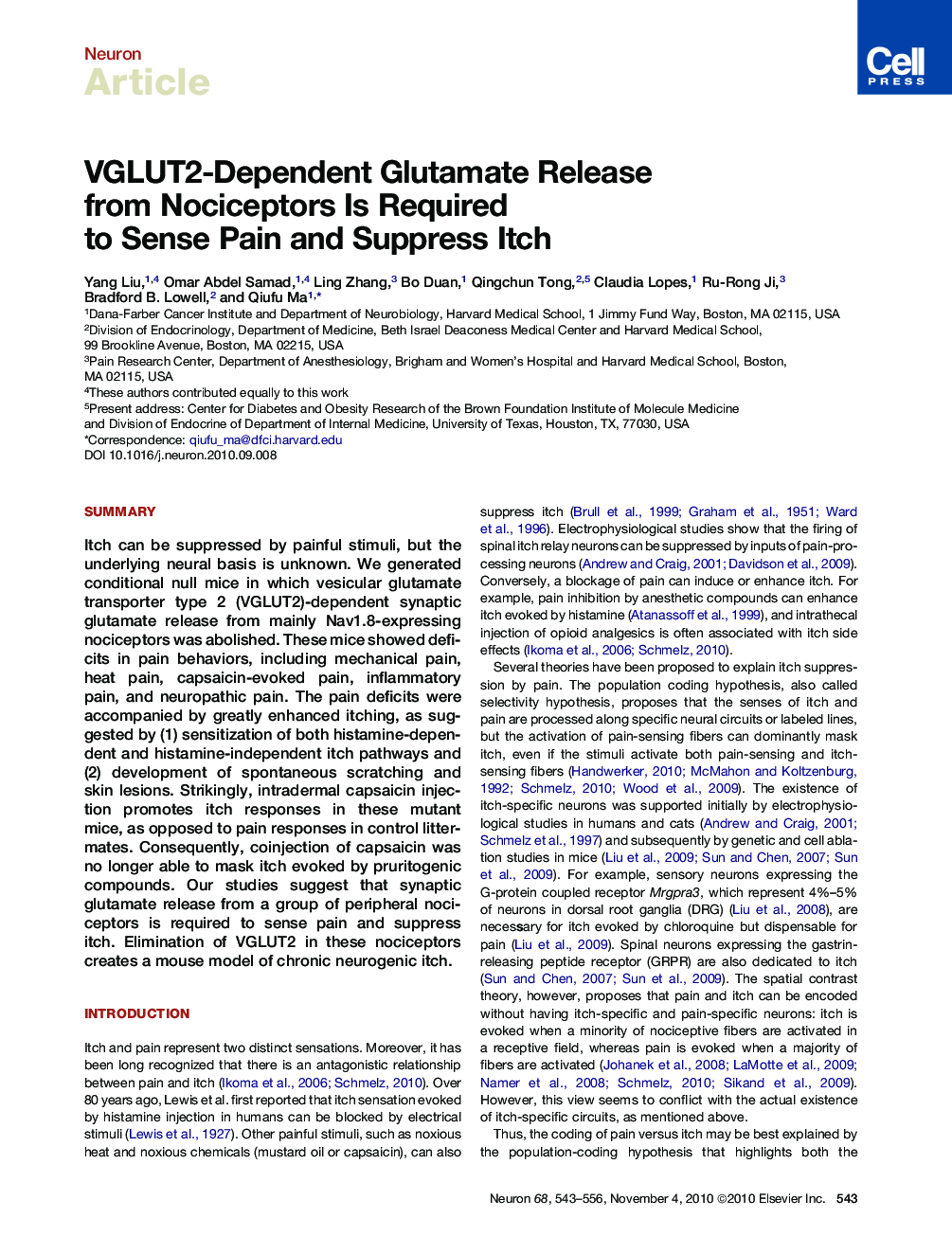 VGLUT2-Dependent Glutamate Release from Nociceptors Is Required to Sense Pain and Suppress Itch