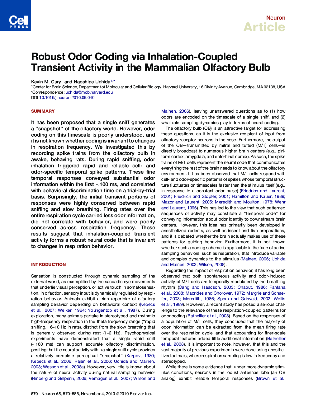 Robust Odor Coding via Inhalation-Coupled Transient Activity in the Mammalian Olfactory Bulb