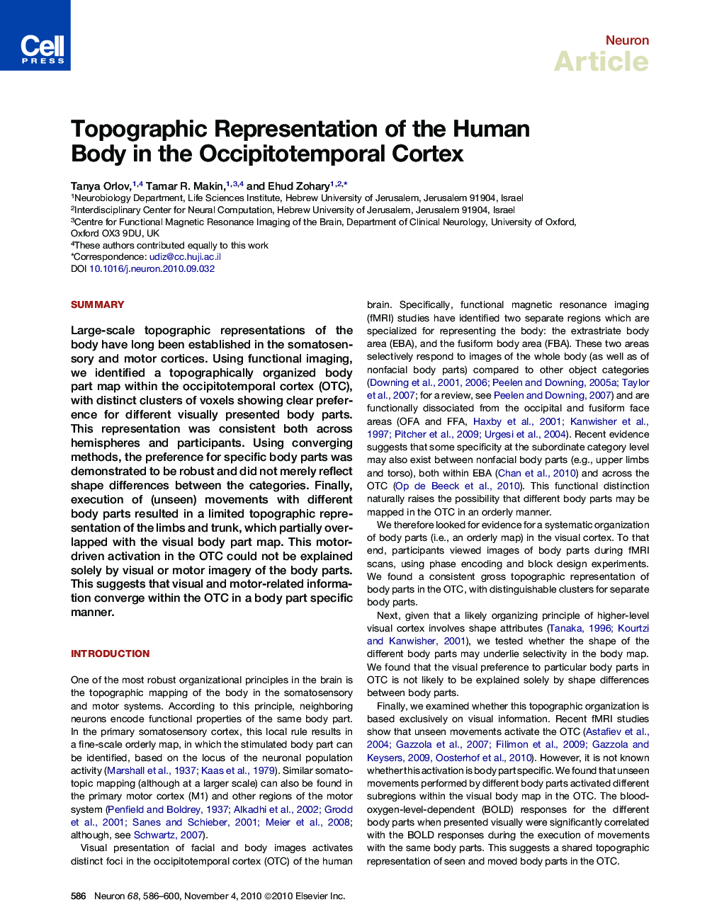Topographic Representation of the Human Body in the Occipitotemporal Cortex