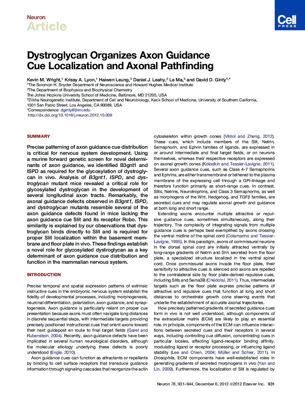 Dystroglycan Organizes Axon Guidance Cue Localization and Axonal Pathfinding