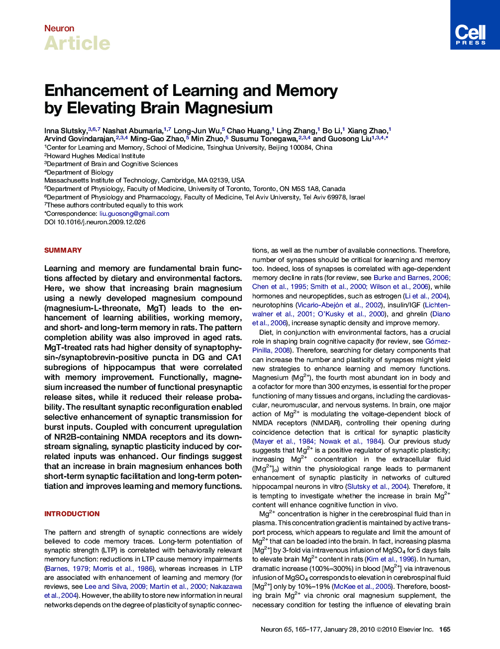 Enhancement of Learning and Memory by Elevating Brain Magnesium