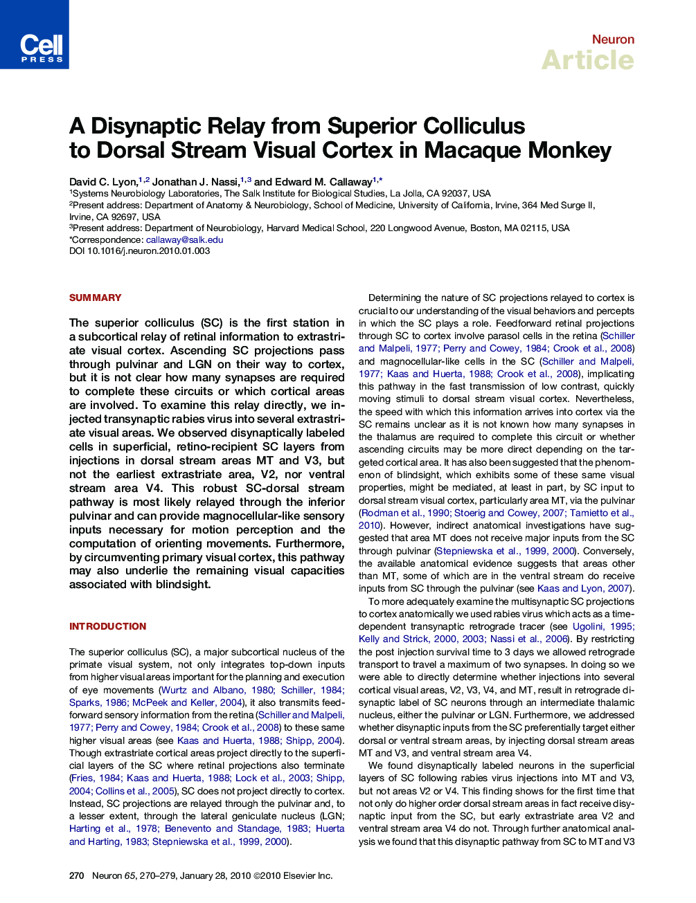 A Disynaptic Relay from Superior Colliculus to Dorsal Stream Visual Cortex in Macaque Monkey