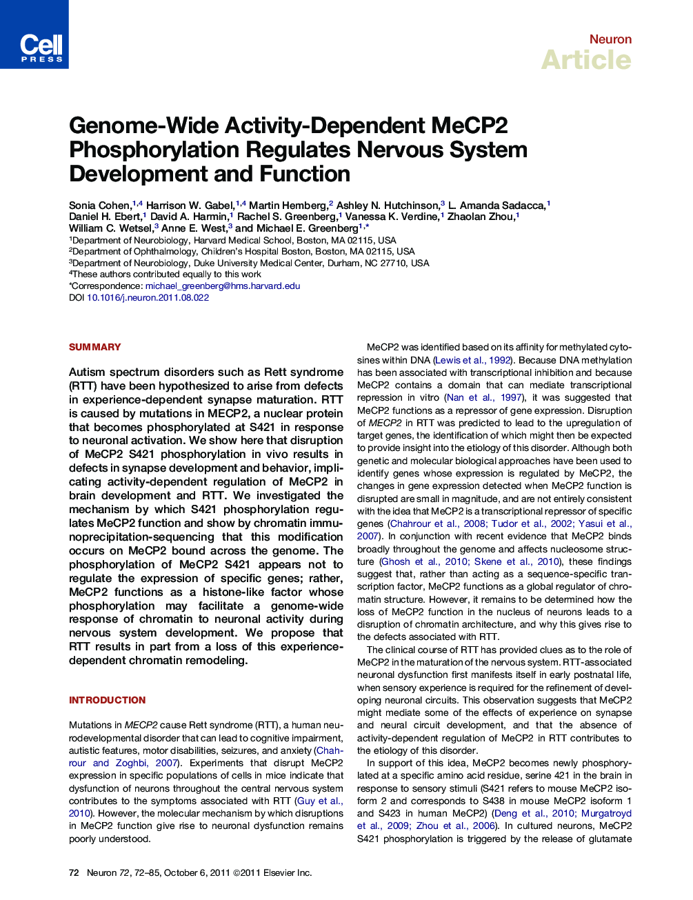 Genome-Wide Activity-Dependent MeCP2 Phosphorylation Regulates Nervous System Development and Function