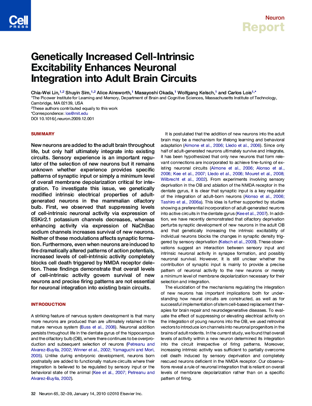 عکس صفحه اول مقاله: Genetically Increased Cell-Intrinsic Excitability Enhances Neuronal Integration into Adult Brain Circuits Genetically Increased Cell-Intrinsic Excitability Enhances Neuronal Integration into Adult Brain Circuits