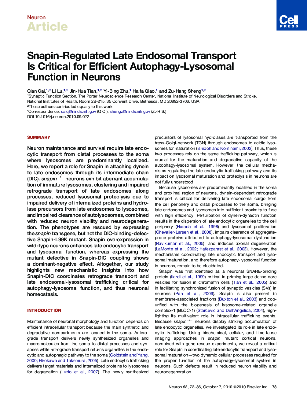 Snapin-Regulated Late Endosomal Transport Is Critical for Efficient Autophagy-Lysosomal Function in Neurons