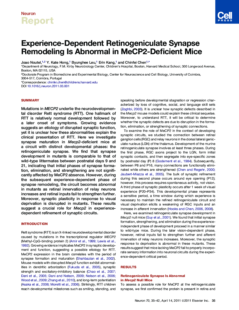 Experience-Dependent Retinogeniculate Synapse Remodeling Is Abnormal in MeCP2-Deficient Mice
