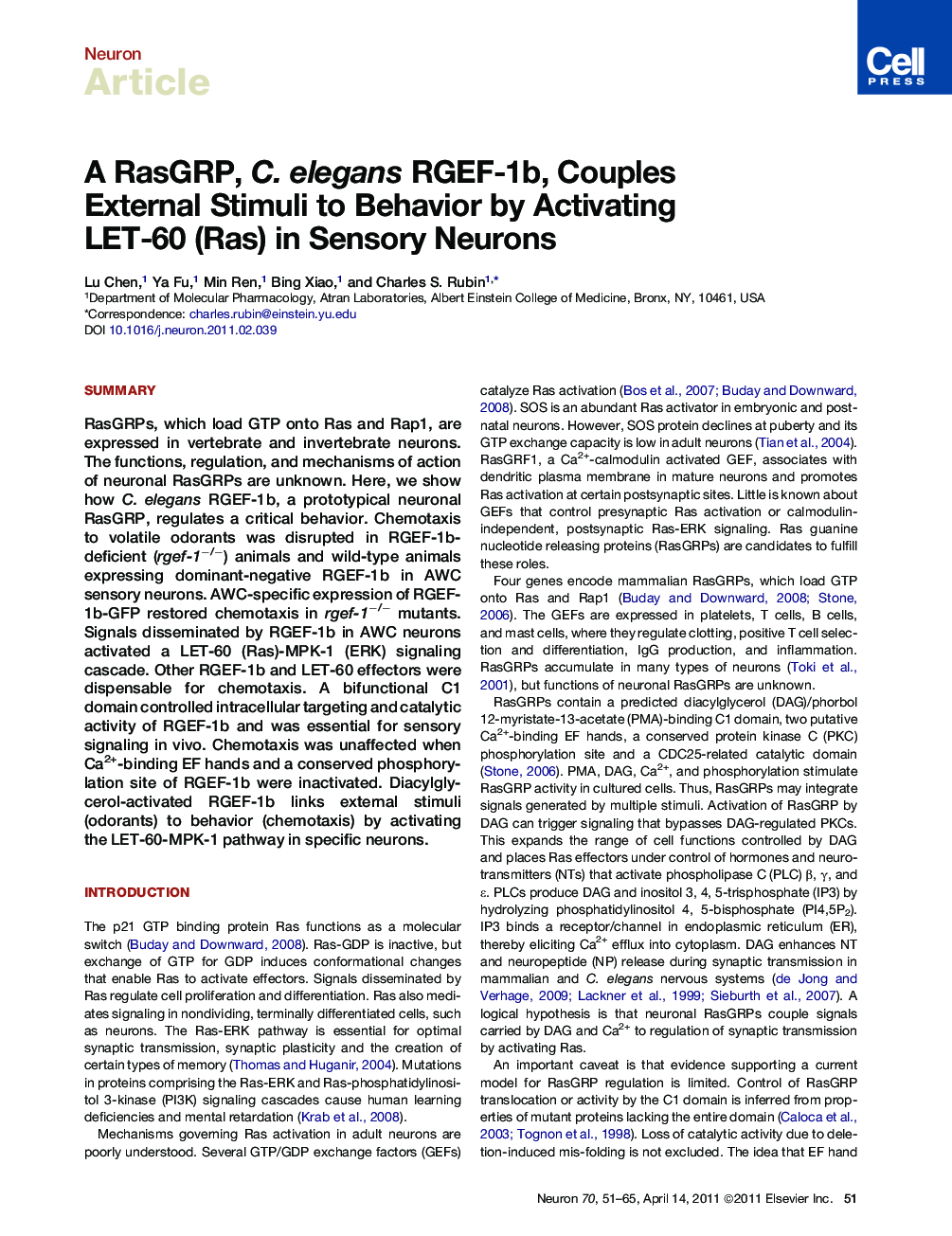 A RasGRP, C. elegans RGEF-1b, Couples External Stimuli to Behavior by Activating LET-60 (Ras) in Sensory Neurons
