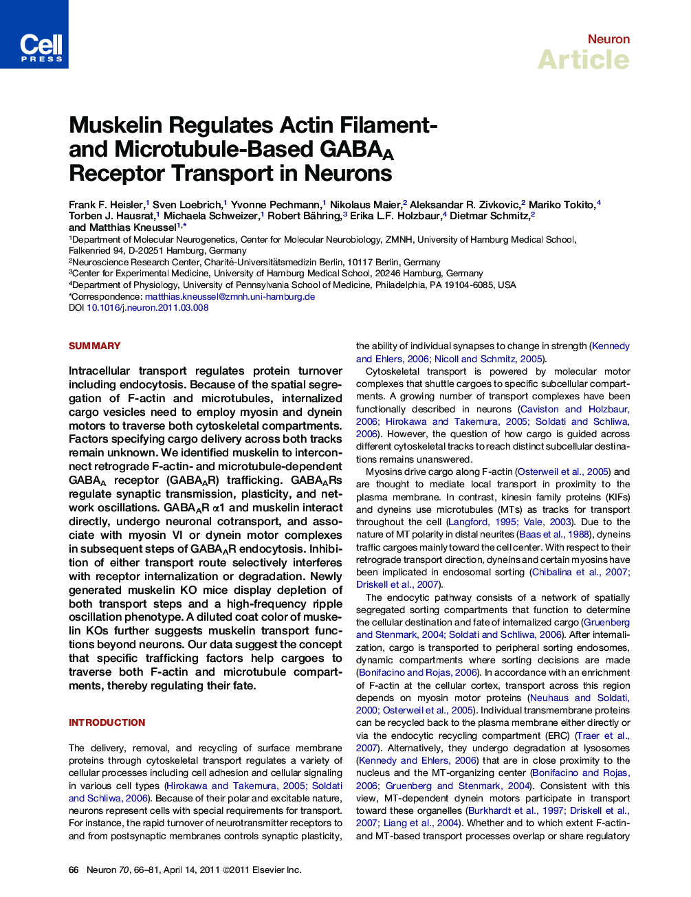 Muskelin Regulates Actin Filament- and Microtubule-Based GABAA Receptor Transport in Neurons