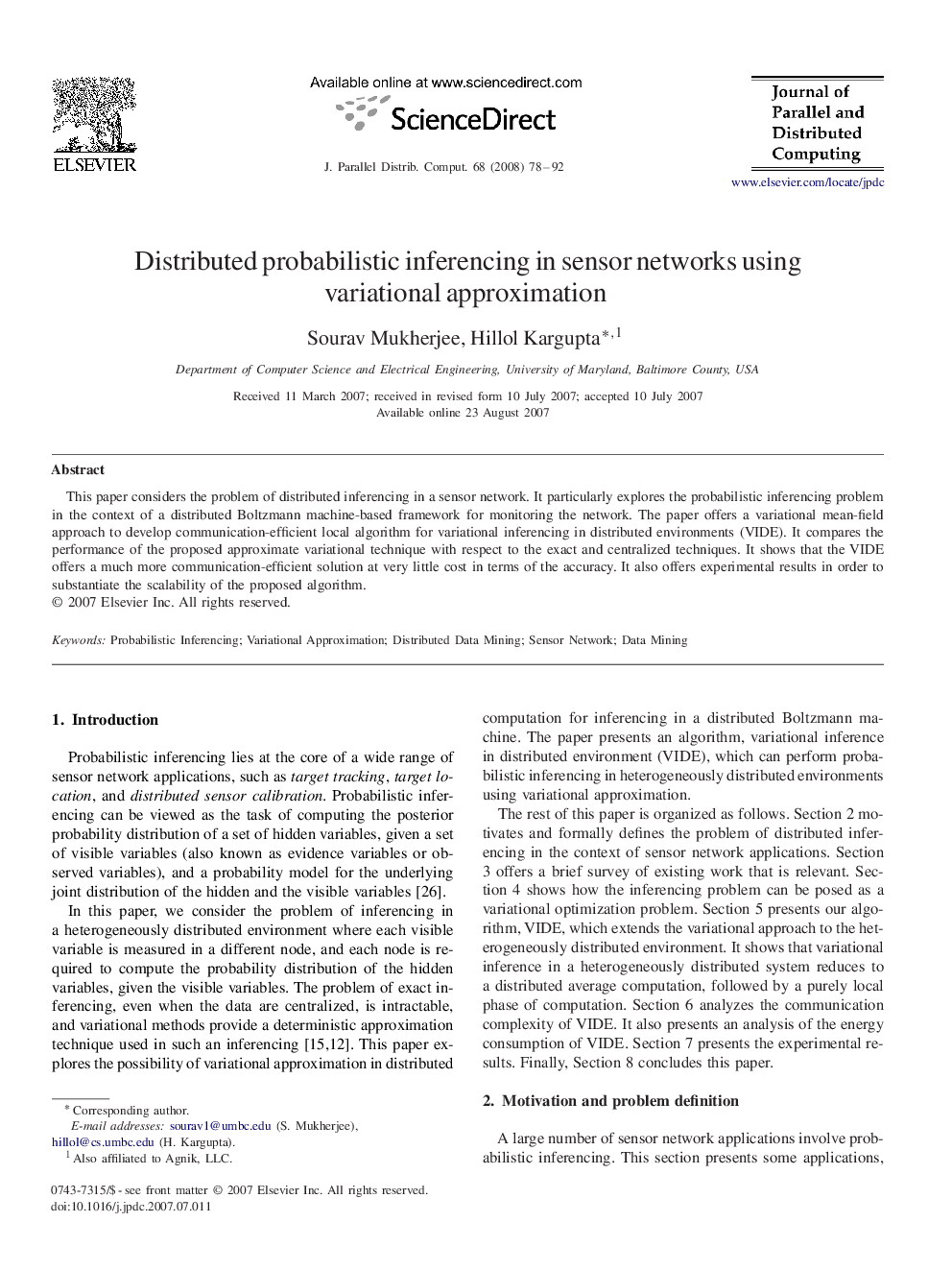 Distributed probabilistic inferencing in sensor networks using variational approximation