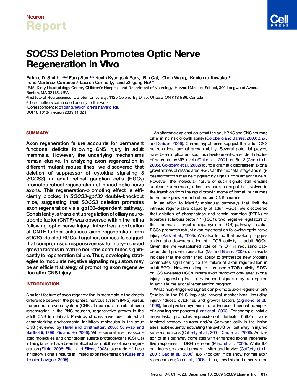 SOCS3 Deletion Promotes Optic Nerve Regeneration In Vivo