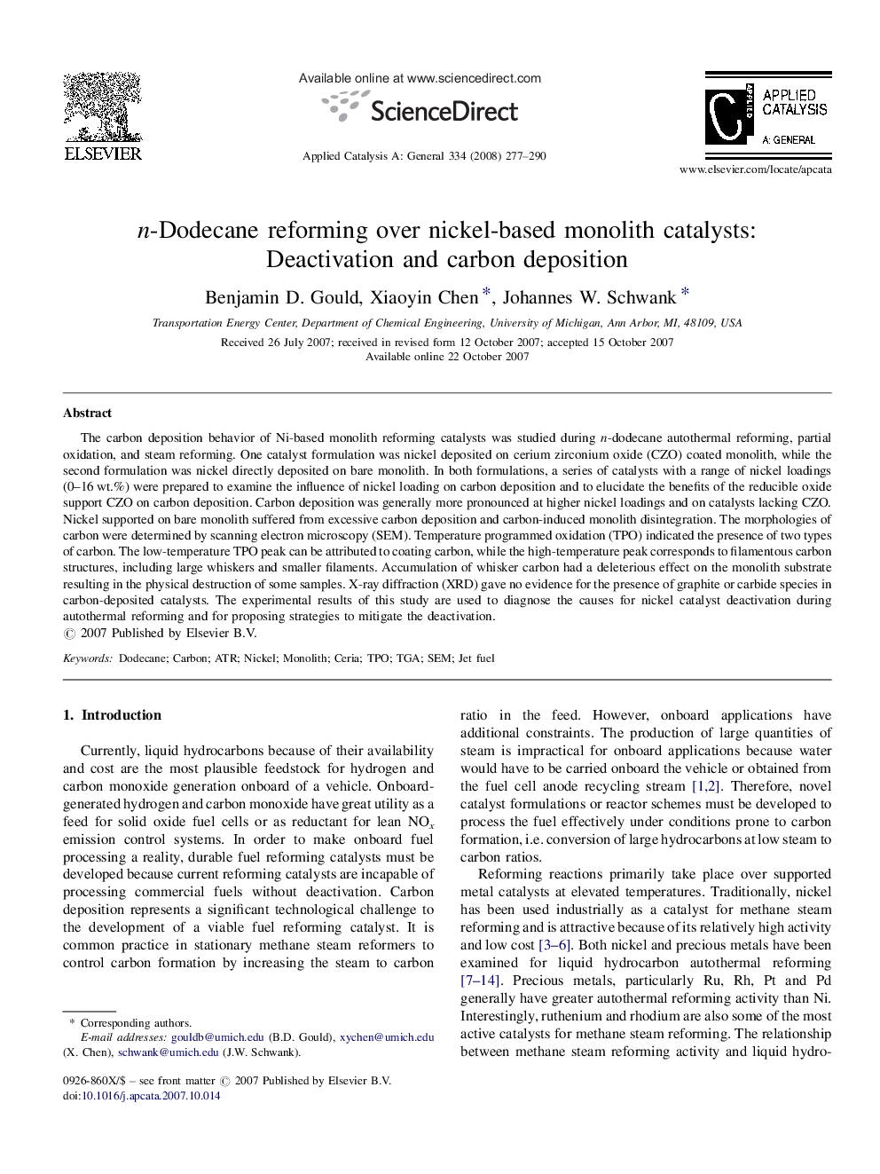 n-Dodecane reforming over nickel-based monolith catalysts: Deactivation and carbon deposition