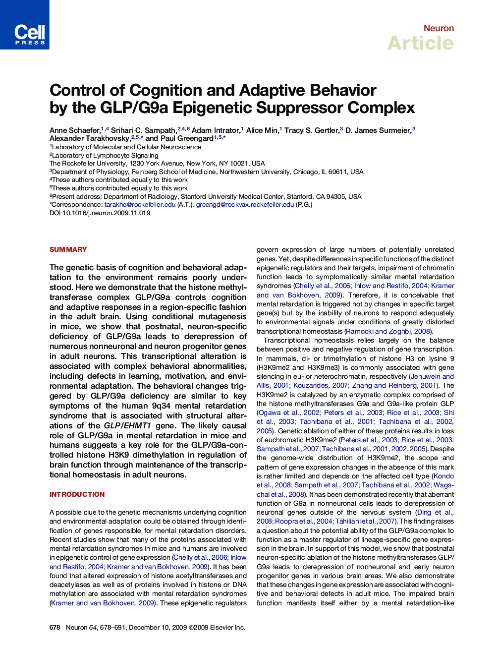 Control of Cognition and Adaptive Behavior by the GLP/G9a Epigenetic Suppressor Complex