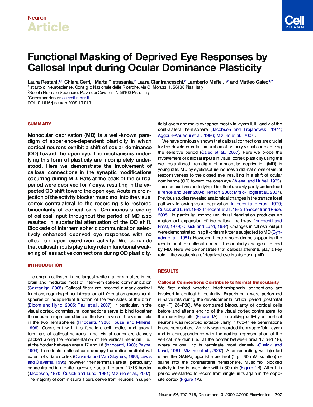 Functional Masking of Deprived Eye Responses by Callosal Input during Ocular Dominance Plasticity