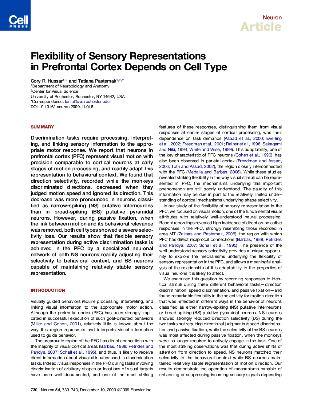 Flexibility of Sensory Representations in Prefrontal Cortex Depends on Cell Type