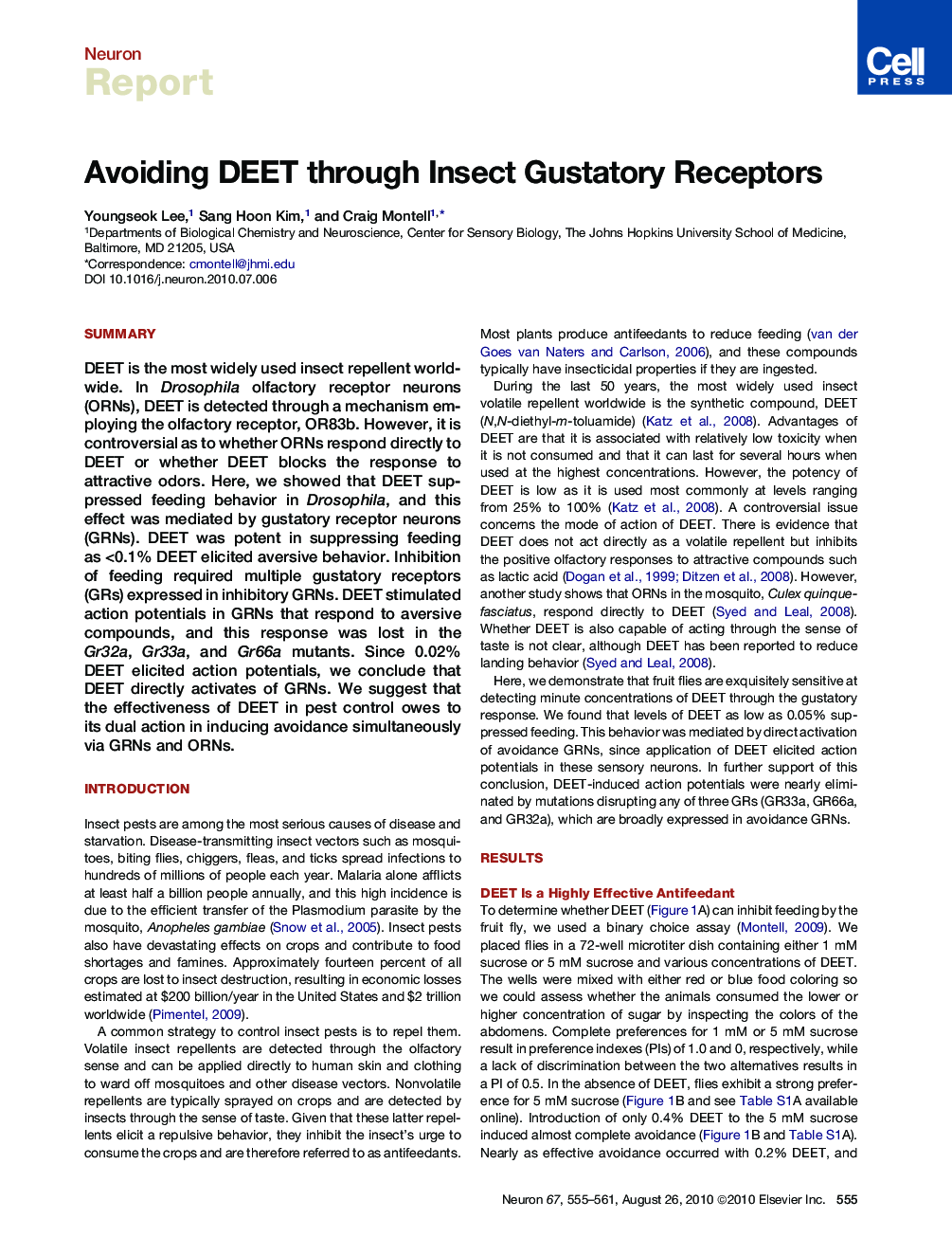 Avoiding DEET through Insect Gustatory Receptors