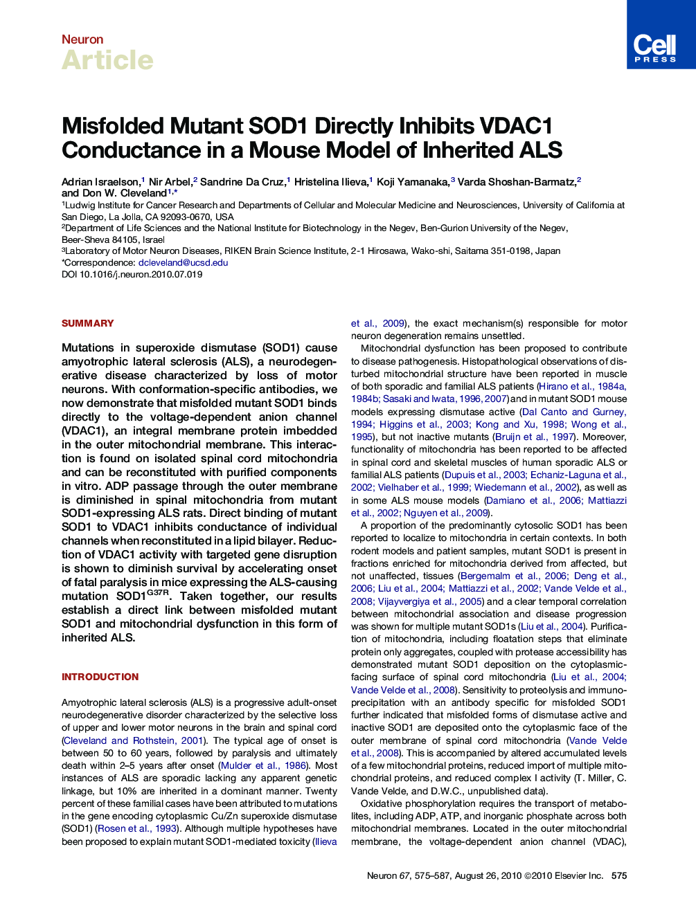 Misfolded Mutant SOD1 Directly Inhibits VDAC1 Conductance in a Mouse Model of Inherited ALS