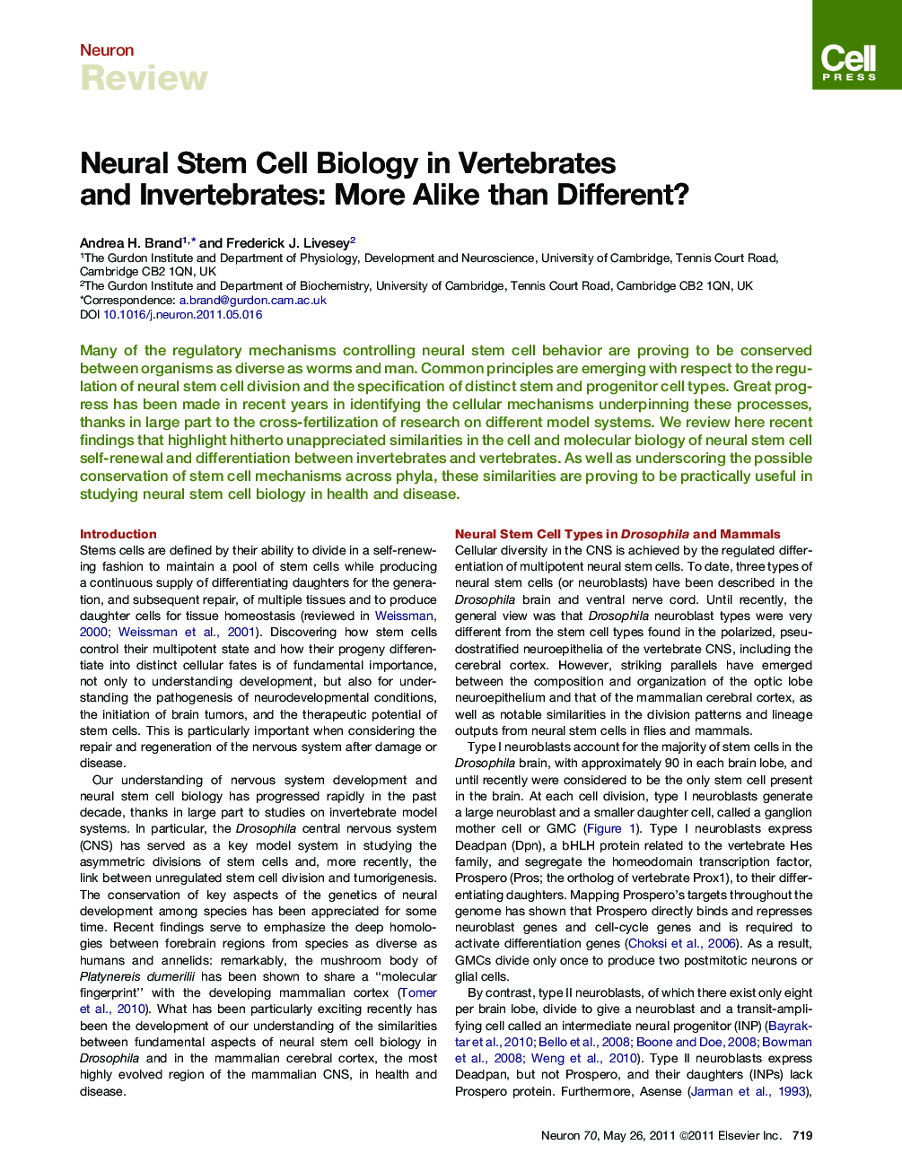 Neural Stem Cell Biology in Vertebrates and Invertebrates: More Alike than Different?