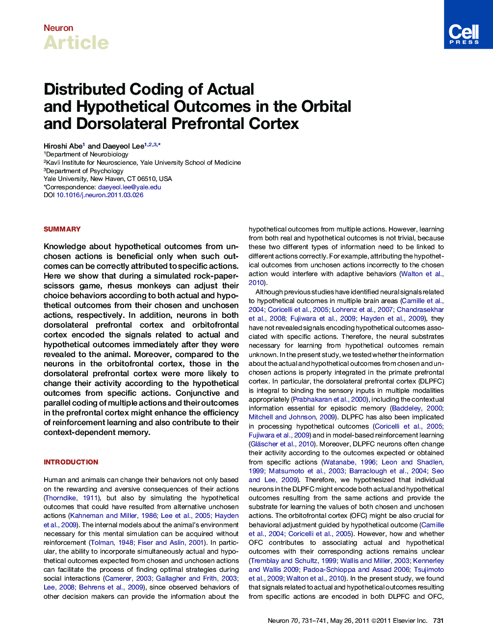 Distributed Coding of Actual and Hypothetical Outcomes in the Orbital and Dorsolateral Prefrontal Cortex