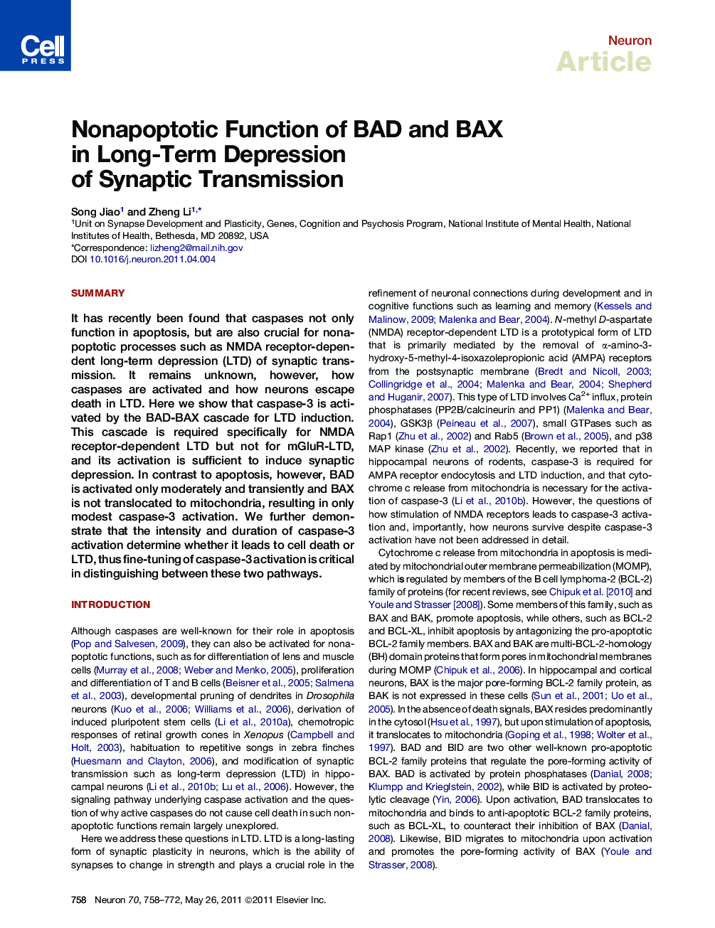 Nonapoptotic Function of BAD and BAX in Long-Term Depression of Synaptic Transmission