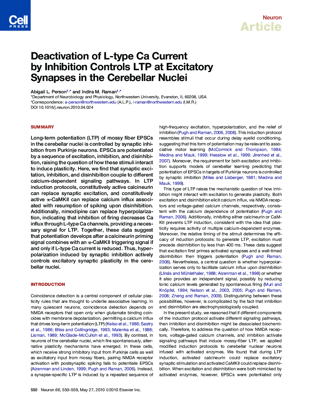 Deactivation of L-type Ca Current by Inhibition Controls LTP at Excitatory Synapses in the Cerebellar Nuclei