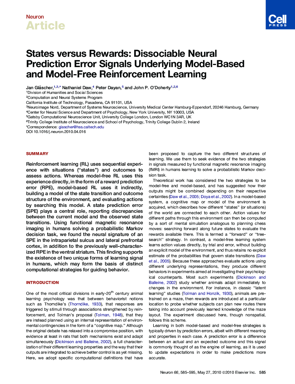 States versus Rewards: Dissociable Neural Prediction Error Signals Underlying Model-Based and Model-Free Reinforcement Learning