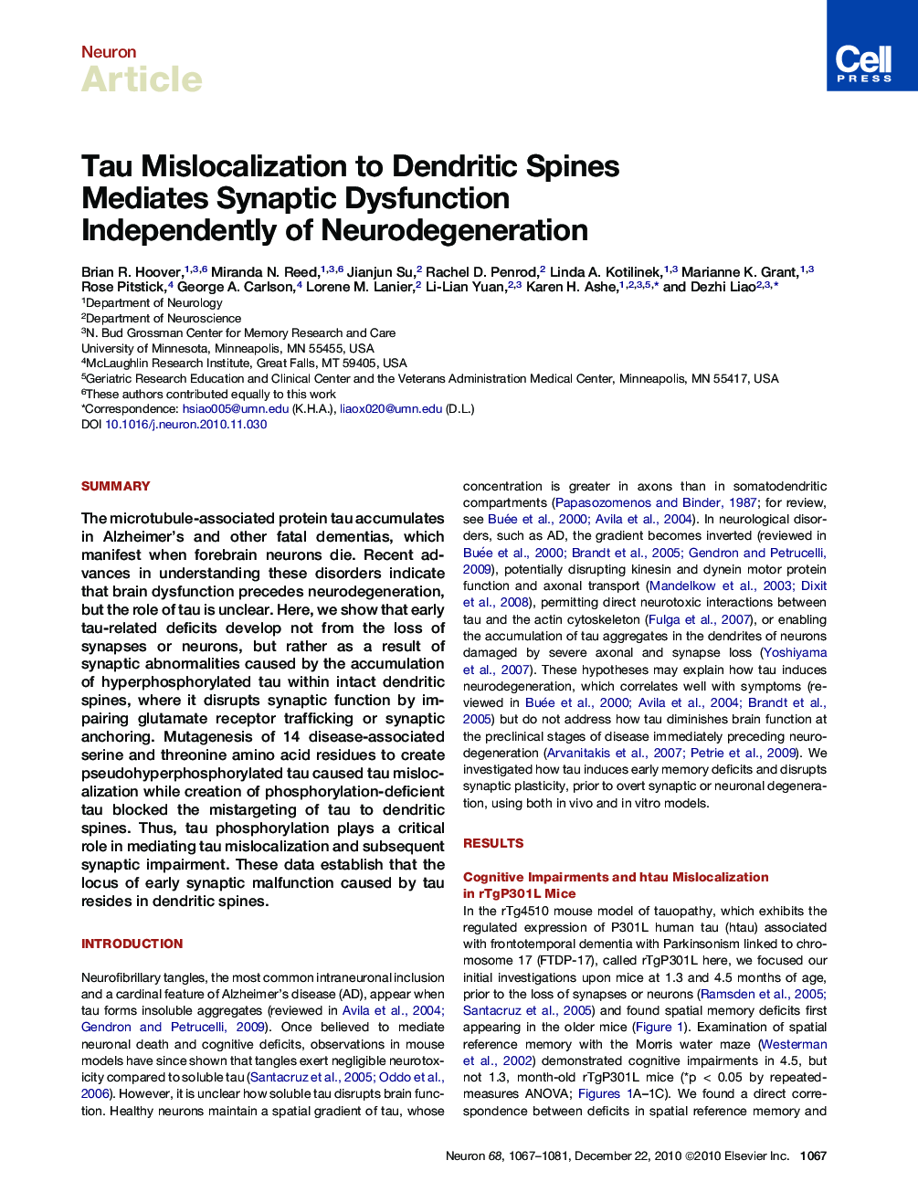 Tau Mislocalization to Dendritic Spines Mediates Synaptic Dysfunction Independently of Neurodegeneration