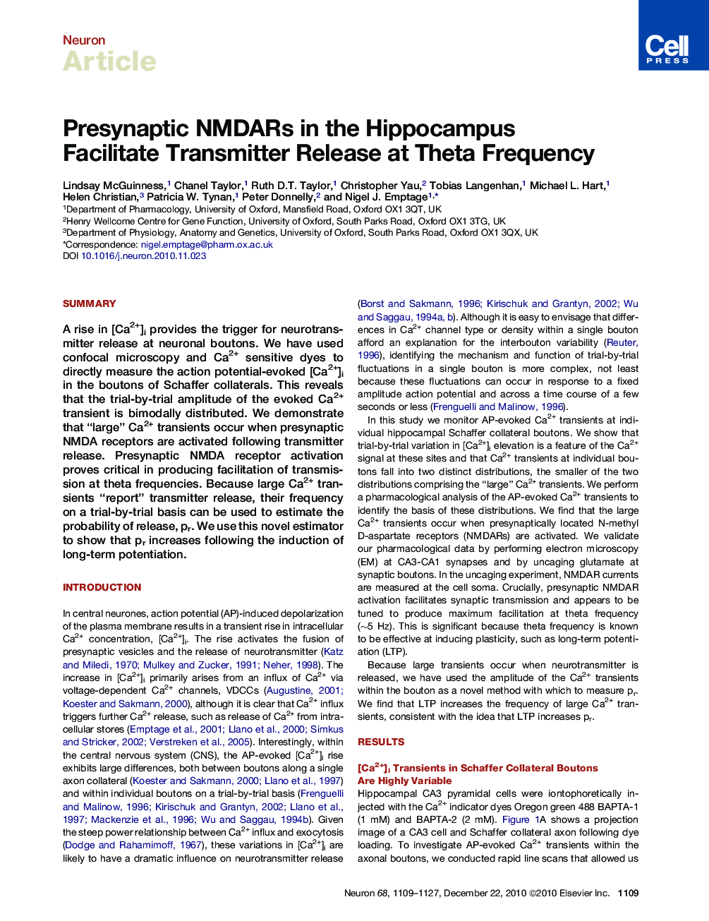 Presynaptic NMDARs in the Hippocampus Facilitate Transmitter Release at Theta Frequency