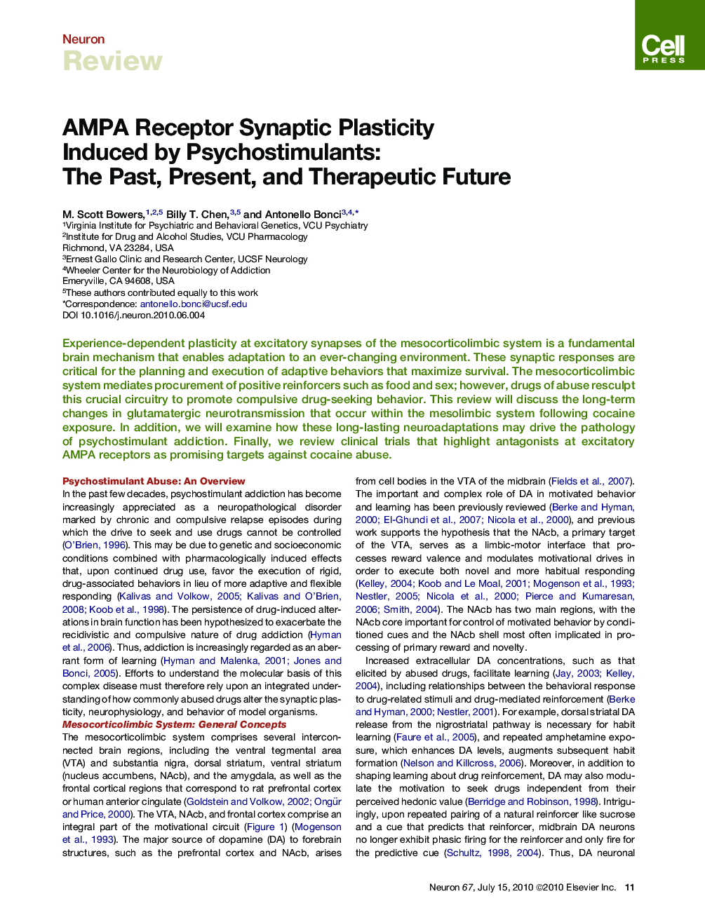 AMPA Receptor Synaptic Plasticity Induced by Psychostimulants: The Past, Present, and Therapeutic Future