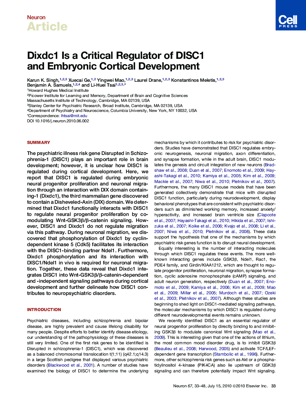 Dixdc1 Is a Critical Regulator of DISC1 and Embryonic Cortical Development