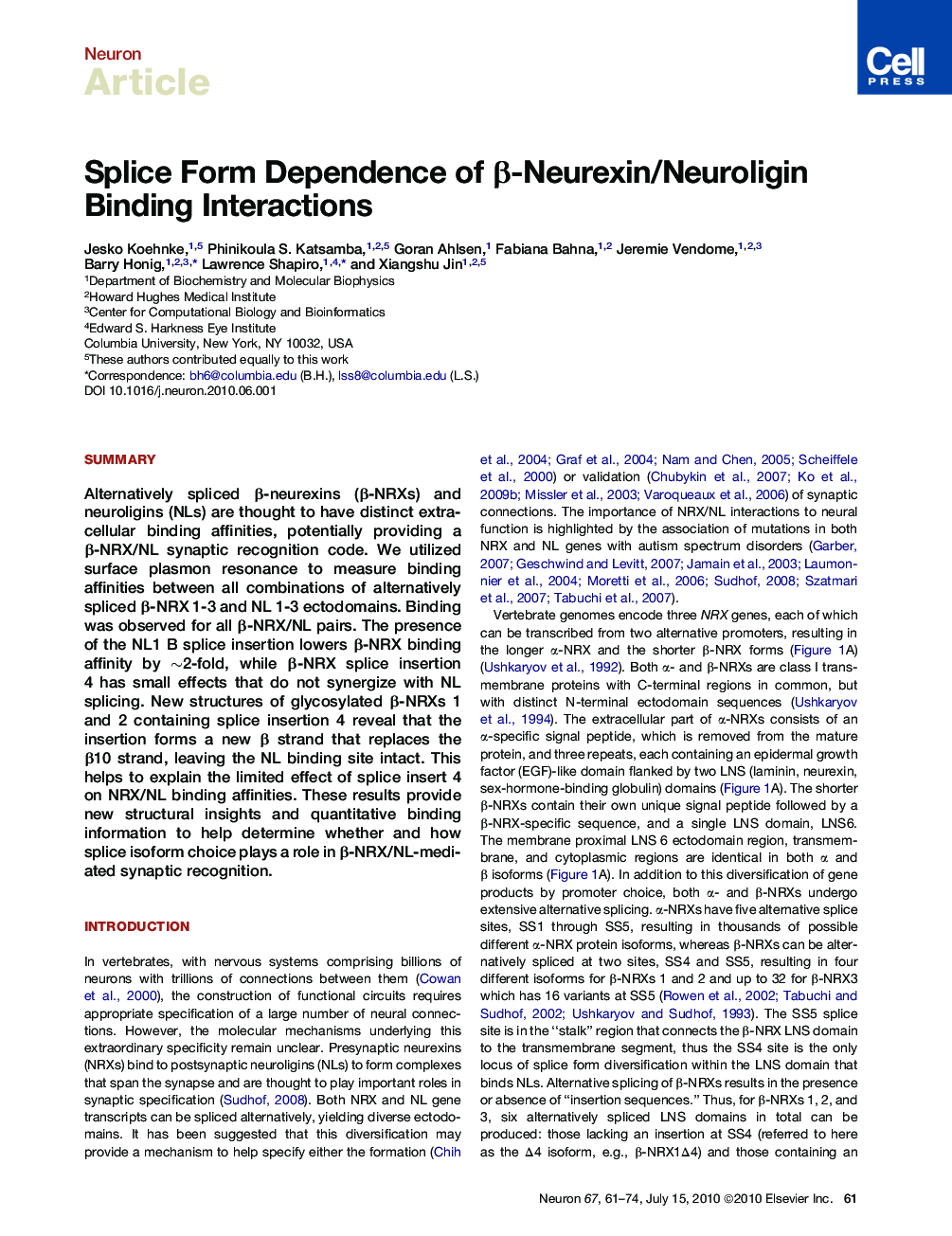 Splice Form Dependence of β-Neurexin/Neuroligin Binding Interactions