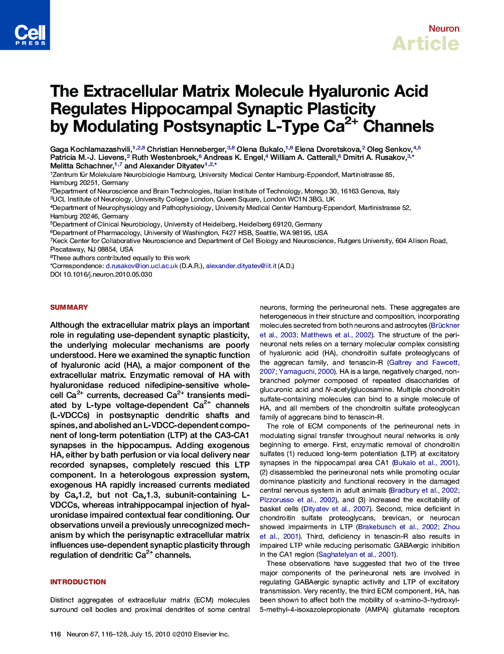 The Extracellular Matrix Molecule Hyaluronic Acid Regulates Hippocampal Synaptic Plasticity by Modulating Postsynaptic L-Type Ca2+ Channels