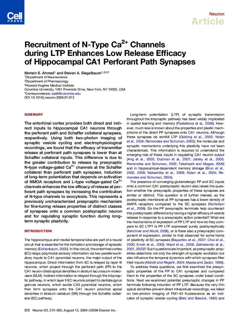 Recruitment of N-Type Ca2+ Channels during LTP Enhances Low Release Efficacy of Hippocampal CA1 Perforant Path Synapses