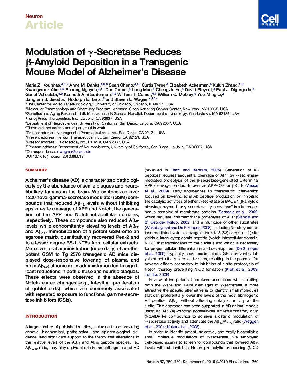 Modulation of γ-Secretase Reduces β-Amyloid Deposition in a Transgenic Mouse Model of Alzheimer's Disease