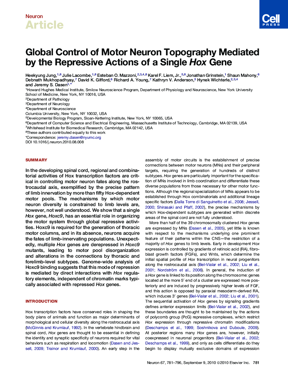 Global Control of Motor Neuron Topography Mediated by the Repressive Actions of a Single Hox Gene