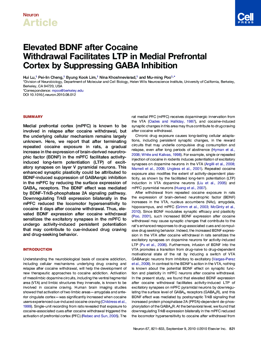 Elevated BDNF after Cocaine Withdrawal Facilitates LTP in Medial Prefrontal Cortex by Suppressing GABA Inhibition