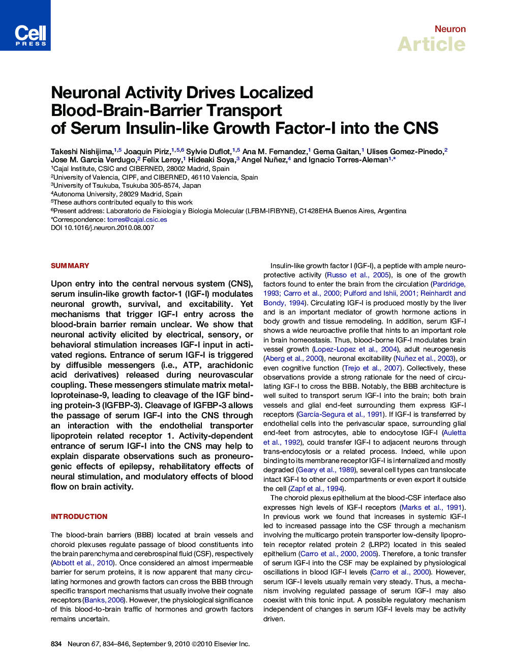 Neuronal Activity Drives Localized Blood-Brain-Barrier Transport of Serum Insulin-like Growth Factor-I into the CNS