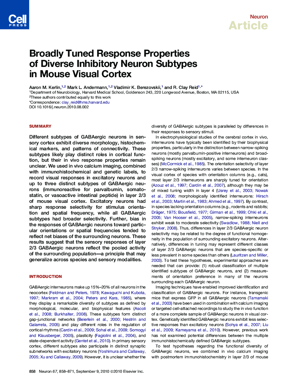 Broadly Tuned Response Properties of Diverse Inhibitory Neuron Subtypes in Mouse Visual Cortex