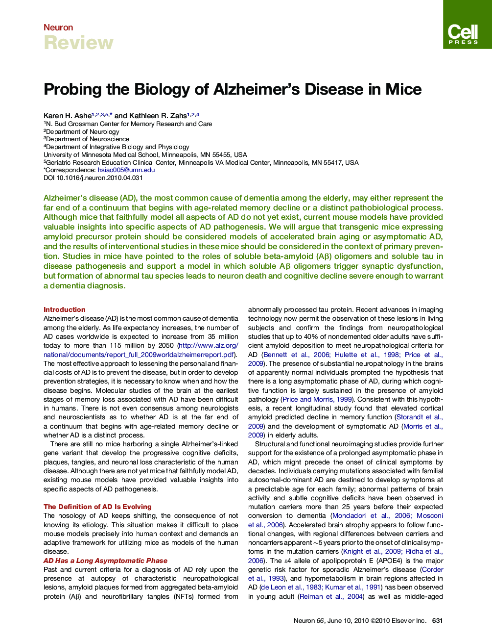 Probing the Biology of Alzheimer's Disease in Mice