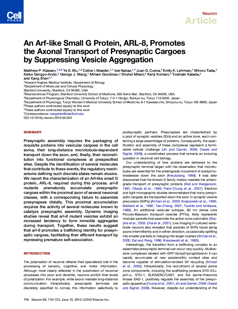 An Arf-like Small G Protein, ARL-8, Promotes the Axonal Transport of Presynaptic Cargoes by Suppressing Vesicle Aggregation