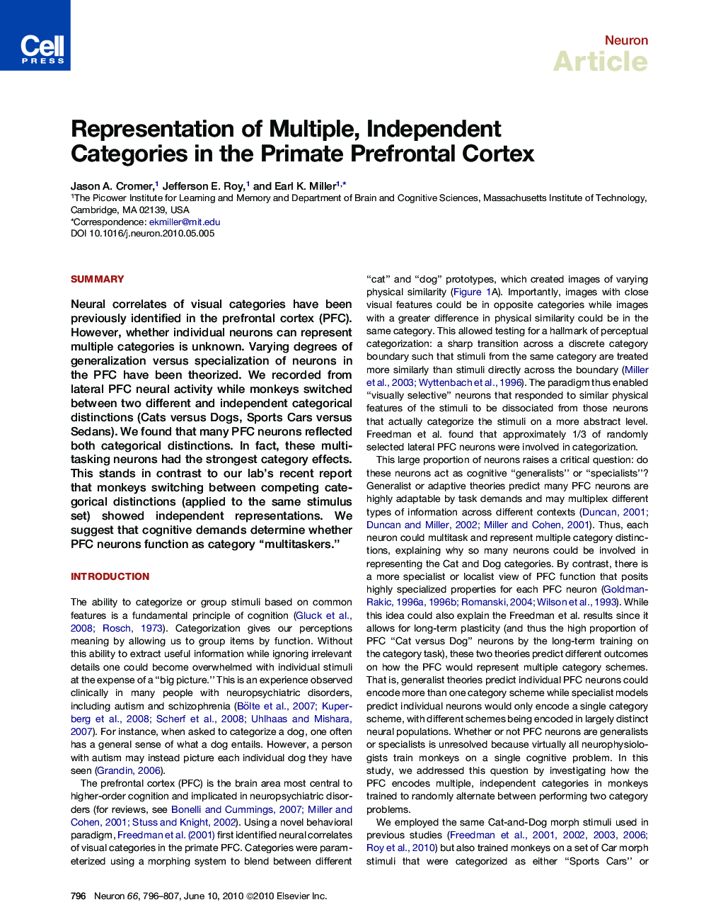 Representation of Multiple, Independent Categories in the Primate Prefrontal Cortex