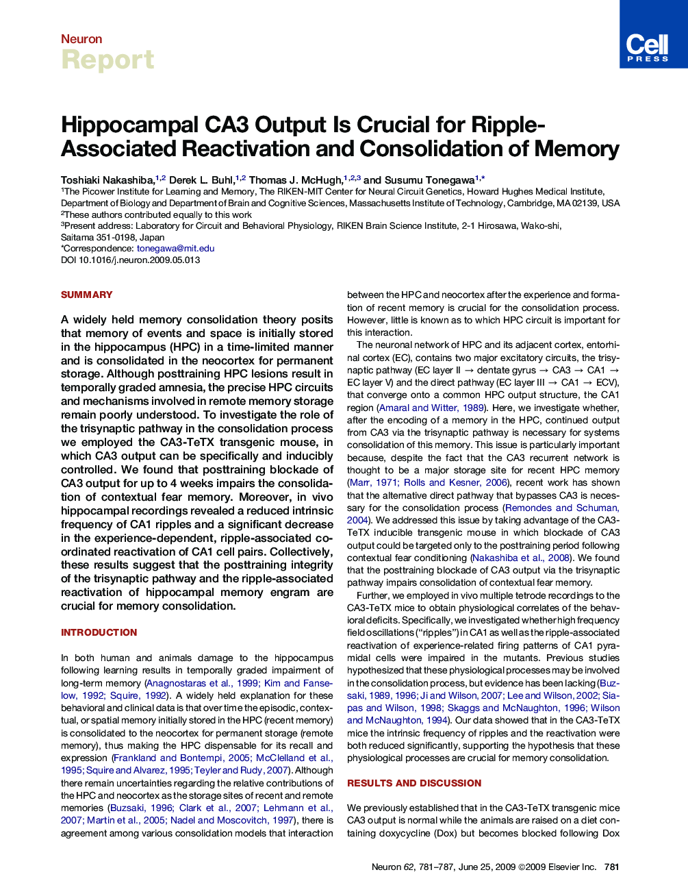 Hippocampal CA3 Output Is Crucial for Ripple-Associated Reactivation and Consolidation of Memory